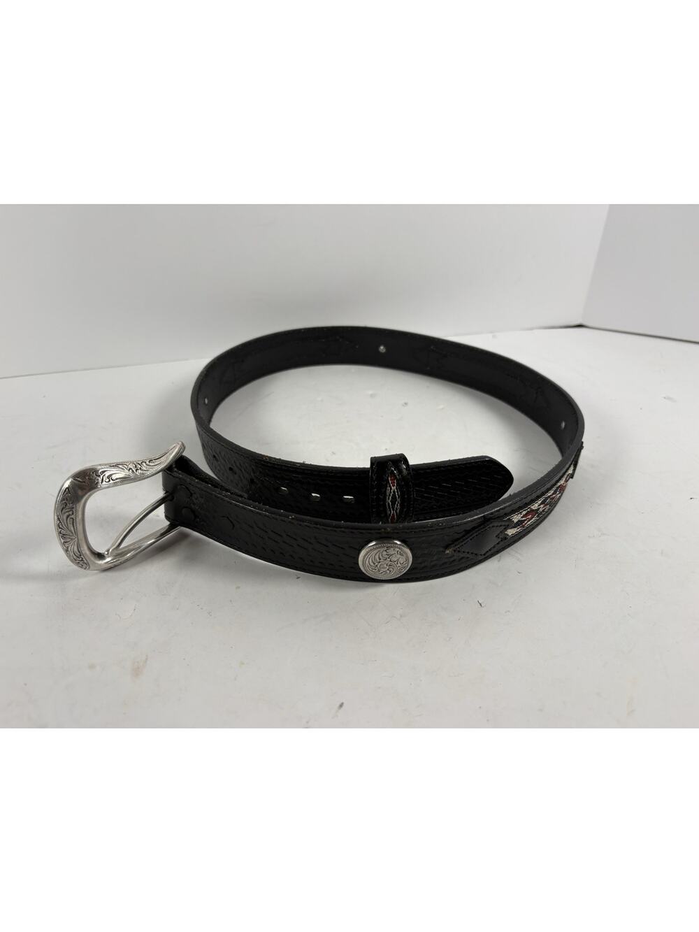Western Genuine Leather Belt 34 Black Tooled Concho Southwest Mexico